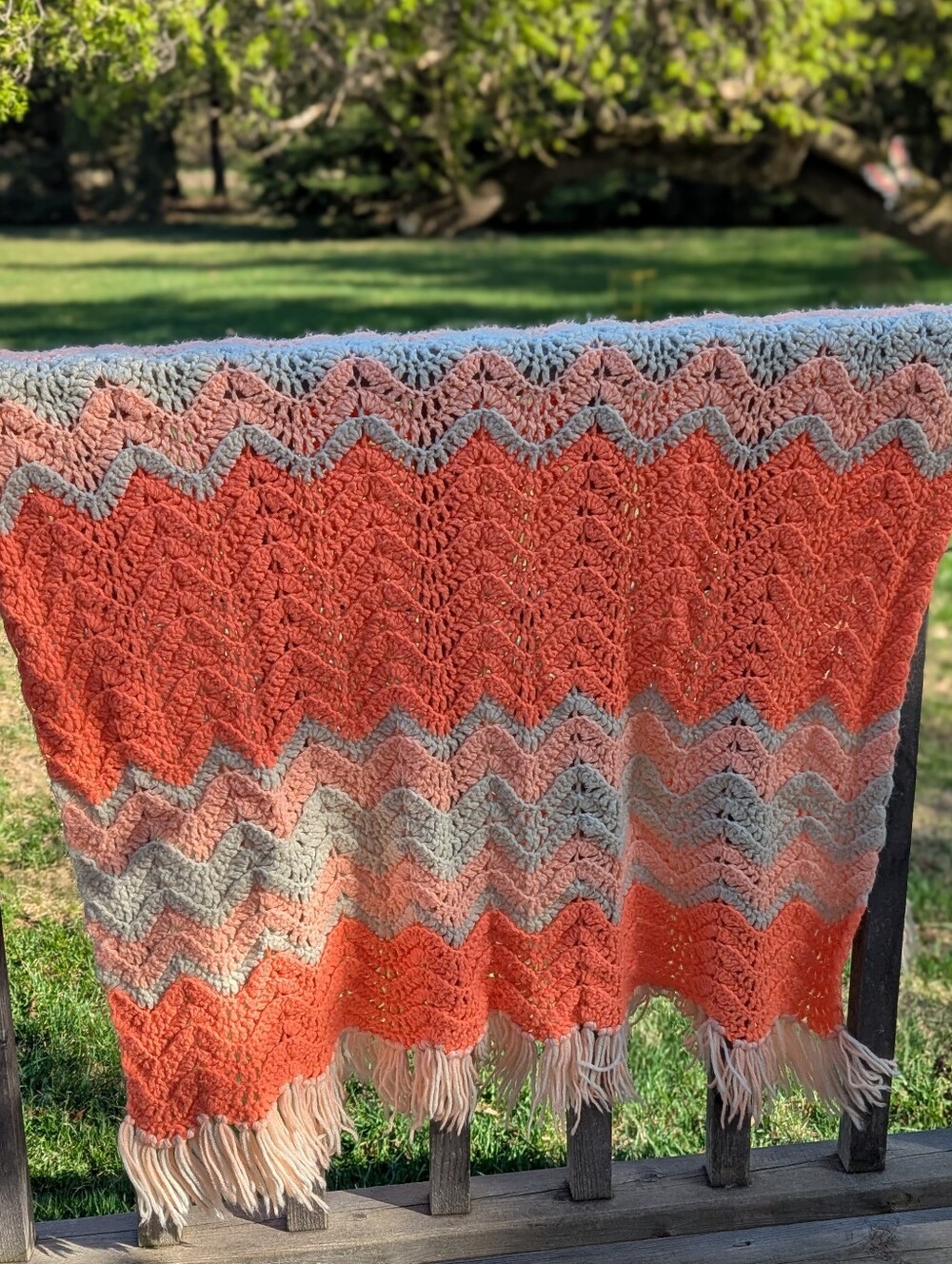 VTG Handmade Chevron Crochet Throw Blanket in Bright Neon Coral Orange  Cream